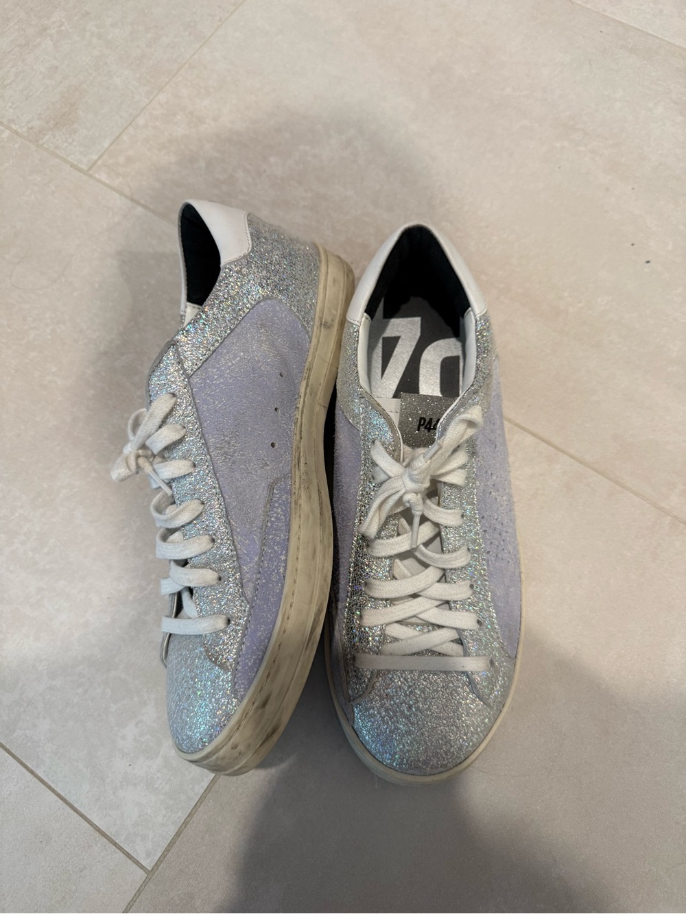 P448 Women's Glitter Low-Top Sneakers in Silver and White